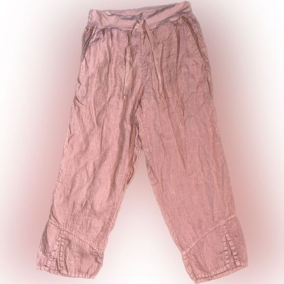 Flax Linen Women’s Petite Drawstring Pocket Pants Salmon Pink - Picture 1 of 4